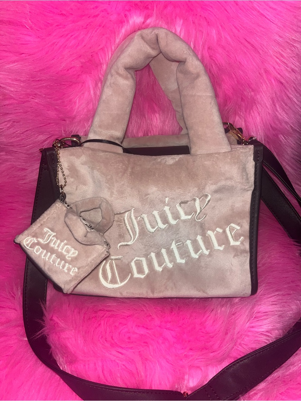 Juicy Couture Nude Plush Shoulder Tote with Dark Trim